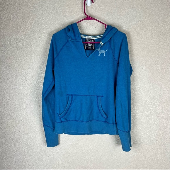 VS Pink Distressed Blue Star Notch Top Hoodie Sweater Large - Picture 11 of 11